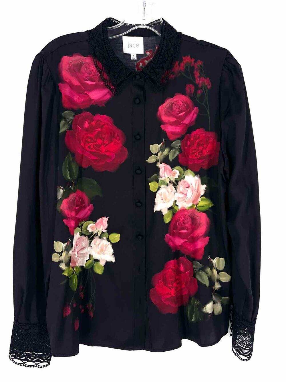 Jade Size M Bk/Rd/Gr Floral Crocheted Trim Designer Blouse